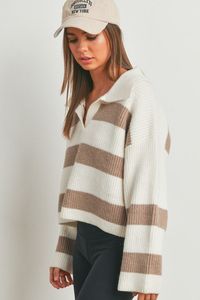 A new favorite is in - Shop the Stripe Drop Shoulder with Wide Collar Sweater. A perfect blend of comfort and style! This trendy sweater features eye-catching stripes and a chic wide collar, making a bold statement effortlessly. Here's The Details: ❥ Color: Taupe ❥ Striped pullover sweater ❥ Wide collar ❥ Designed with a relaxed drop shoulder for laid-back elegance ❥ Wide long sleeves ❥ V-neckline ❥ This sweater keeps you cozy and fashionable all day long. ❥ Crafted from high-quality materials,