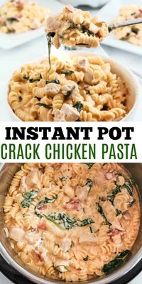 Crack Chicken Pasta takes weeknight comfort food to a new level. Made in the Instant Pot, this creamy chicken pasta packed with cheese, spinach, and bacon is cooked in 30 minutes! 