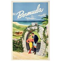 Original vintage travel poster for Bermuda featuring a romantic illustration of a smartly dressed man and lady wearing Bermuda shorts as they hold hands and look at each other under a horseshoe shaped Moongate stone archway covered in flowers and vines with a covered horse drawn carriage riding towards a seaside golf course next to a sandy beach in the background, a palm tree on the side and the stylized title text in white above the blue sea and clouds. A British offshore territory, Bermuda is