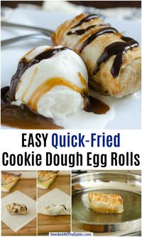 This eggless cookie dough is quickly fried in an egg roll wrapper then served warm with ice cream and syrups. An easy stove-top dessert during hot summer months!