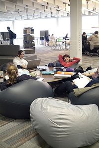 Beanbags provide a relaxed setting for study.  Staff have flexible use of the space by temporarily removing the beanbags during the run up to exams to quieten the area.