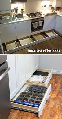 Do not let the space of toe kicks go wasted, it can be used to build drawers for baking supplies storage.