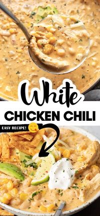 This creamy white chicken chili is made with shredded chicken, hearty beans, green chiles, corn and a delicious blend of seasonings. It’s a warm and cozy dinner that’s ready in under an hour and you can make it on the stovetop or in the slow cooker.