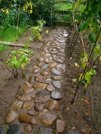 Work a bag of dry concrete mix into the soil where this kind of stone is to sit, then once it's all put together water it all in so it sets!