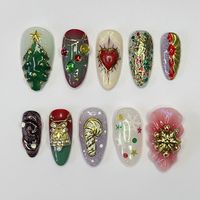 Unique Christmas Design Medium Almond Press on Nails Luxurious Red & Green Holiday Nail Art , Gift for Her - Etsy