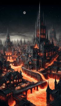 Enter the fiery depths of an infernal steampunk city made entirely of flowing lava. This dramatic illustration features a cityscape illuminated by the molten glow, creating a stunning and chaotic visual experience. #InfernalCity #LavaCity #DystopianArt #SteampunkFantasy #FieryCityscape