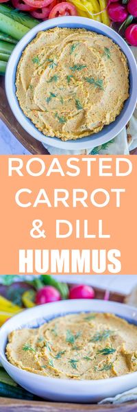 Roasted Carrot and Dill Hummus - This delicious hummus is prefect for spring!  It's packed with sweet roasted carrots and fresh dill giving it a ton of amazing flavor!  It's great for dipping, putting on salads and putting in sandwiches.  Each serving (1/2) cup only has 2 Freestyle Weight Watchers Points!  #Healthy #Hummus #Vegan #Glutenfree #Vegetarian