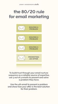 Your email marketing nurture sequence should be 80% helping or solving your audience’s problems and 20% selling your services. Only one out of every four emails you send should be focused on pitching your product or service. The three emails that lead up that email should all focus on a different problem your audience has and offering them insights or a solution to those problems. When your emails become a dependable resource of insights and value, they’ll be keen to open them. Learn how to apply this 80/20 rule in your email marketing strategy on the blog! Plus bonus insights for social media marketing and branding!