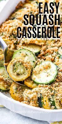 This easy yellow squash casserole is the perfect way to use the abundance of summer squash available! Made with yellow squash, zucchini, onions, and a buttery cheesy breadcrumb topping, this casserole is baked until browned and crisp. #spendwithpennies #squashcasserole #summersquash #zucchinicasserole #zucchinirecipe #squashrecipe