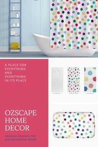 Kids bathroom decor including coordinating shower curtains, bath mats, bath towels and more. Fun Polka dot decor bathroom ideas for toddlers and children. Brighten up bath time and make it fun for the whole family. Browse our original unique home decor products and ideas @ #ozscapehomedecor #bathroomdecor #kidsbathroomideas #polkadotdecor #polkadotbathroom #kidsdecor #toddlerbathroom #boysbathroom #boysshowercurtain