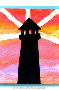 Tape resist & silhouette sunset lighthouse canvas painting - arts & crafts projects for kids with free printable.