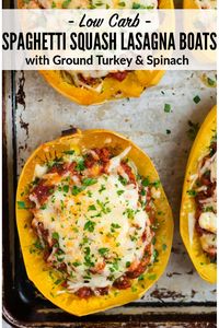 Healthy Spaghetti Squash Lasagna Boats with ground turkey, spinach, and cottage cheese. An easy, low carb, and keto recipe that's lean and green! Make with meat or omit it for a filling vegetarian dinner. #wellplated #spaghettisquash #lowcarb