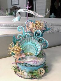 Magical mermaids swimming through an ethereal undersea paradise! A custom cake topper, keepsake box, art piece – Handmade with every attention to detail. Opens to hold a treasured memento. Packaged in a lovely gift box, tied with a satin bow. * Layers of glass glitter with hand painted and tinted