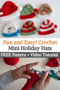 Here's a cute, quick vacation project that you can do in under 30 minutes! These mini Christmas hats can be crocheted in many different color combinations and you can even sew a face to create a gingerbread or snowman shaped version. We love candy cane stripes! Use them as ornaments, gift ornaments, gift card holders, tie them as crowns and also fit perfectly on Marshmallow mugs.