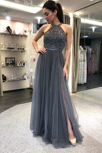 gorgeous crew beaded long prom dress, fancy split grey tulle prom dress#promdresseslong #graduationpromdresses #promdressinspiration #promgown #promdresses2019