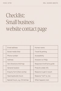 Here's a website contact page checklist from our small business website design company. We share tonnes of advice on designing every page of your small business over on the Studio Cotton small business blog, or make sure to follow @studio.cotton for a whole heap of free website advice.