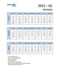 Free quarterly calendar for Armenia with holidays. Holiday calendars in PDF, Word, and Excel are printable and easy to customize.