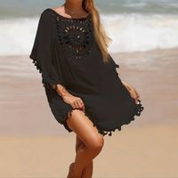 Boho Beach Cover-Up Dress - Hollow Out Crochet With Tassel Trim, Batwing Sleeves - Loose Fit Kaftan For Holidays, Carnival & Music Festivals Size: One Size Color: Black Details: Batwing Sleeves, Fringe On Sleeves And Hem, One Size.