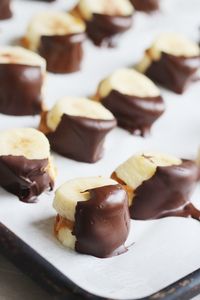 Chocolate covered and peanut butter stuffed banana bites. Who needs ice cream?