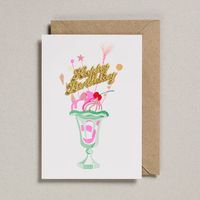 Say "Happy Birthday" with this delicious-looking knickerbocker card – a unique, creamy treat to help them celebrate! This eye-catching card is sure to be a scoop-hit! 🍦 Embellished with a gold embroidered Happy Birthday. Each card is a unique Riso print using soy based inks on a FSC certified card. Please note the fluorescent colours do not show up well in photography. Blank inside for your own message. 105mm x 150mm You can send direct with a free (handwritten) message inside the card - choose