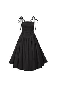 Strapless midi dress with self-tie fastenings at shoulder. Stretch fitted bodice and full cotton skirt. Drawstring tie details either side of the bodice to create a ruched effect. Adjust drawstrings for a tight or loose fit. Fully lined skirt with classic puff ball effect. Upper Body: 90% Polyester 10% Elastane/ Skirt: 100% Cotton Hand wash