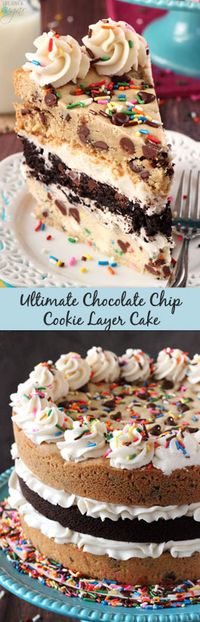 The Ultimate Layered Chocolate Chip Cookie Cake - a layer of traditional chocolate chip cookie, all chocolate cookie and funfetti cake batter cookie! The best way to eat cookie cake!