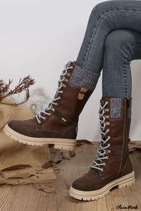 Olivia Mark - Wool Knit Patchwork Lace Up Leather Boots for Contemporary Coffee Lovers