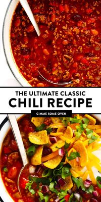 The BEST chili recipe -- made with beef, beans, veggies and the most deliciously seasoned tomato soup broth. Easy to make on the stovetop or in the Instant Pot (pressure cooker) or Crockpot (slow cooker), and always a crowd fave!! | gimmesomeoven.com #chili #soup #stew #dinner #football #mealprep #freezermeal #beef #glutenfree