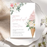 Celebrate the sweetest occasion with our "She's Been Scooped Up" invitation! Perfect for an ice cream bridal or summer bridal shower, this editable and printable invite features a delightful pink floral design on a pink cone background, setting the tone for a fun and memorable event. Let the bride-to-be know that she's been scooped up in style with this charming invitation that will surely make guests scream for joy. Get ready to scoop up the compliments with this ice cream party essential that