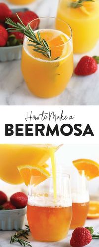 Take your brunch drink up a notch and make a beermosa! Forget the champagne and add mix your favorite beer with some orange juice for the perfect brunch cocktail! #beermosa #cocktail #brunch