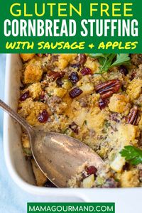 Gluten free cornbread stuffing with sausage, apples, cranberries, and pecans is an easy southern recipe. Gluten free stuffing is a must around the holidays and now you won't have to miss out with this moist, delicious recipe! #glutenfree #cornbreadstuffing #sausage #withsausage #easy #thanksgiving #stuffing #apples