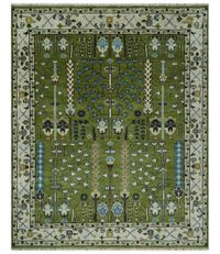 This Hand-Knotted Rug has been Made with Handspun Wool. The beautiful colors of the rug carry a legacy of the famous Heriz rug, the traditional design of the rug completes your space without making it look busy. Heriz rugs are durable and can last for decades if treated right. Hand-Knotted Made with Wool Color : Green and Ivory Made with 22 knots per square inch This specific rug is made in India, in the city of Bhadohi. Bhadohi is one of the biggest rug manufacturing cities. Carpet weaving in t