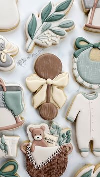 Grey, Neutral, Sage Green and Brown Gender Neutral Baby Shower Cookies. Teddy Bear We can Bearly Wait Baby Shower Cookies. Custom Decorated Royal Icing Sugar Cookies by the Flour Shoppe Cookie Co located in Omaha Nebraska