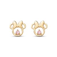 These magical stud earrings feature playful pink cubic zirconia framed by Minnie's iconic silhouette in brilliant 14K yellow gold. The earrings secure with friction backs.