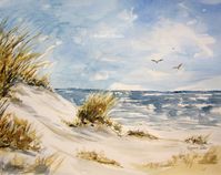 Beachscape, Print Of Original Watercolor Landscape Painting, watercolor art, seascape painting, beach shore, sand dunes, summer painting.