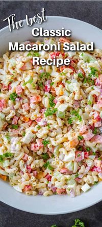 Macaroni Salad is one of those dishes that just says summertime. Often paired with BBQ meats, hot dogs, and hamburgers, it’s the perfect creamy, refreshing side dish to please a crowd. We love to serve this easy Macaroni Salad with Grilled Steak or Juicy Burgers and Grilled Corn on the Cob for the perfect summer menu.