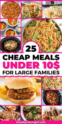 25 Cheap Meals for Large Families! All of these budget-friendly recipes feed 6 or more people for less than $10. These simple family meal recipes include Instant Pot, Crockpot, soup, meat, and asta meals.  Bookmark this page for family meals! Feeding your large family doesn’t need to be expensive, in fact, you can feed your family of 6+ for less than $10 a night.    All the recipes below do that; many are actually 8-12 servings!