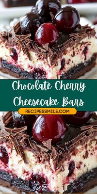 This recipe for Chocolate Cherry Cheesecake Bars features a rich chocolate crust, creamy cheesecake, and a luscious cherry topping. Perfect for gatherings or a special dessert treat.