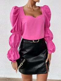 Pink Casual,Elegant Collar Long Sleeve Woven Fabric Plain Top Embellished Non-Stretch  Women Clothing