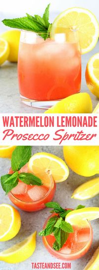 The Watermelon Lemonade Prosecco Spritzer… aka summer in a glass!  This fizzy fruity concoction is the ideal summer libation.  With pureed watermelon, freshly squeezed lemon juice, lemon liqueur and prosecco.  #spritzer #summer #cocktail #recipe #happyhour #sparklingwine