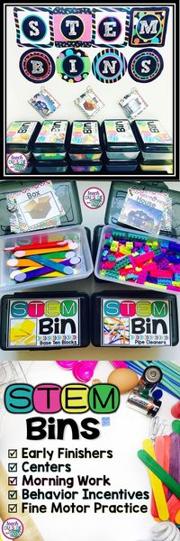 STEM Bins: Hands-on Solutions for Early Finishers, Centers, Morning Work, and Behavior Incentives! Instead of giving our students MORE work, let's give them more MEANINGFUL work. Perfect for Pre K, Kindergarten, First Grade, and Second Grade Students