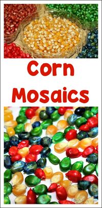 Use dyed corn kernels to create beautifully colorful corn mosaics in preschool! Great as a Thanksgiving art project, harvest craft, or just for fun!