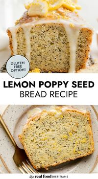 With both sweet and tangy flavors, this gluten-free lemon poppyseed bread is a refreshing recipe you’ll want to keep on hand for holiday gatherings, bake sales, and brunch. Made with gluten-free flour (or regular flour), yogurt, fresh lemon juice, lemon zest, and poppy seeds, this quick bread has a moist texture and a tender crumb. It gets topped with a sweet lemon glaze to make this an easy baked bread loaf that’s bursting with vibrant lemon flavor.