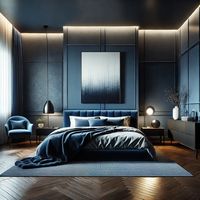 This bedroom exudes elegance with its dark blue walls and modern design. The plush bed, with crisp white bedding, contrasts beautifully. Sleek furniture, a cozy armchair, and abstract art enhance the sophisticated ambiance. Perfect for a serene and stylish retreat.