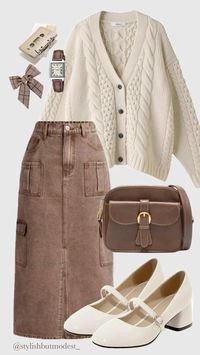 Layer up with a chunky cable-knit cardigan, a classic brown denim skirt, and a timeless leather crossbody bag for an effortlessly stylish ensemble. Paired with vintage-inspired Mary Jane heels and neutral accessories, this outfit is perfect for a casual yet polished fall day. 🍁 #FallOutfit #CozyStyle #ModestFashion #VintageVibes #AutumnWardrobe #ootd