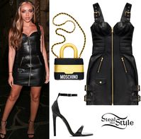 Black Leather Dress (https://bit.ly/2PhmJdm) and a Lock Bag (https://bit.ly/2PhmJdm) both by Moschino [tv] H&M, with Ego These Barely-There Heels (https://bit.ly/2XzLKQL $44.99).