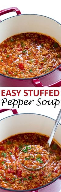 Stuffed Pepper Soup loaded with spicy sausage, bell peppers and rice! Everything you love about a stuffed pepper but in soup form! | chefsavvy.com #recipe #stuffed #pepper #soup #rice #sausage #dinner #meat