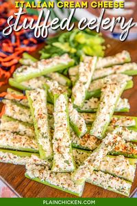 Italian Cream Cheese Stuffed Celery - outrageously good with only 5 ingredients! A party favorite! Can make in advance and refrigerate until ready to serve. Celery, cream cheese, Italian dressing mix, mayonnaise, and mozzarella cheese. This is always the first thing to go! Great for game day, parties, potlucks, and the holidays! #celery #appetizer #gameday #thanksgiving #christmas #stuffedcelery