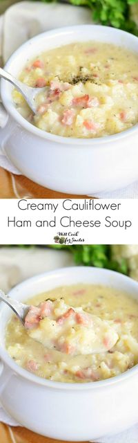 Creamy Cauliflower Ham and Cheese Soup. This soup recipe is made with cauliflower, ham, and white cheddar cheese, this soup is hearty enough without having any pasta or potatoes packed in it. #cauliflower #soup #hamsoup #ham