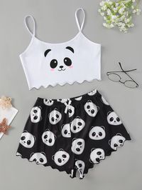 Black and White Cute  Sleeveless Polyester Cartoon Short Sets Embellished Slight Stretch  Women Sleep & Lounge